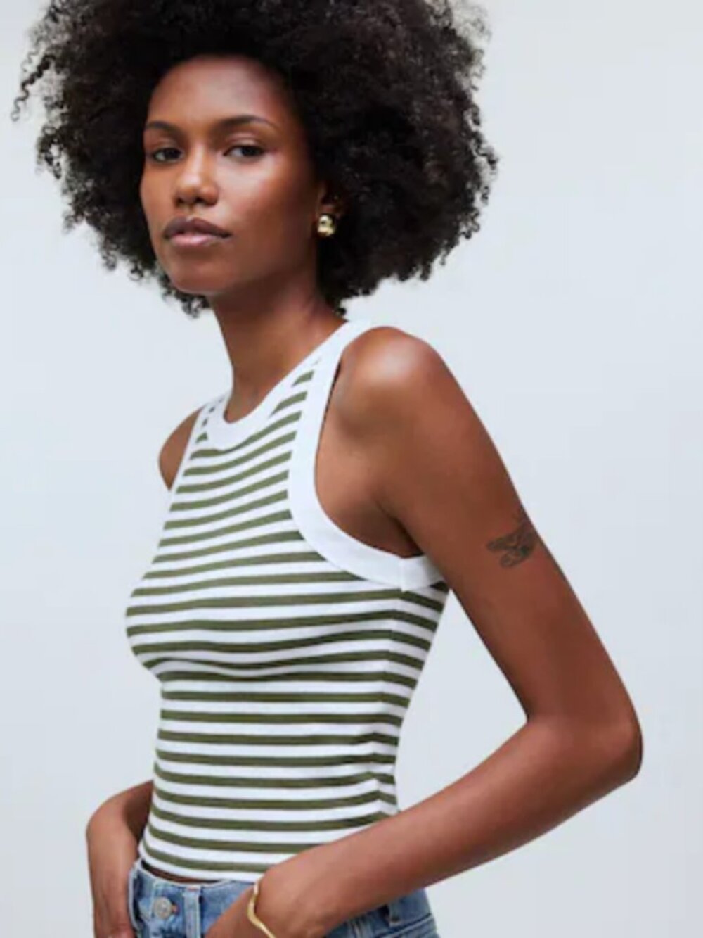 H&M Striped Ribbed Tank Top High Neck Green White Size Small